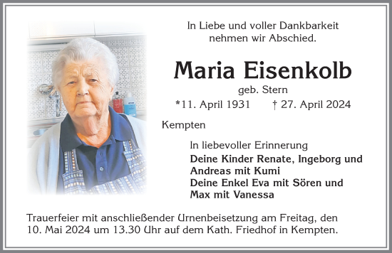 Traueranzeige von Maria Eisenkolb von Allgäuer Zeitung,Kempten