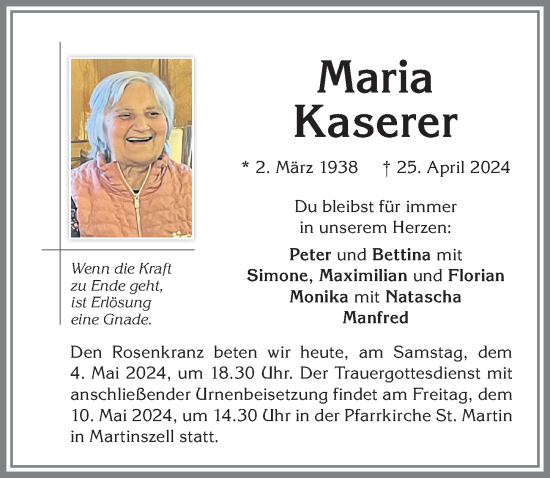Traueranzeige von Maria Kaserer von Allgäuer Anzeigeblatt