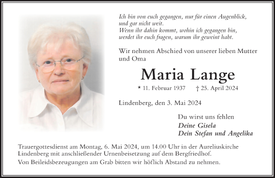 Traueranzeige von Maria Lange von Der Westallgäuer