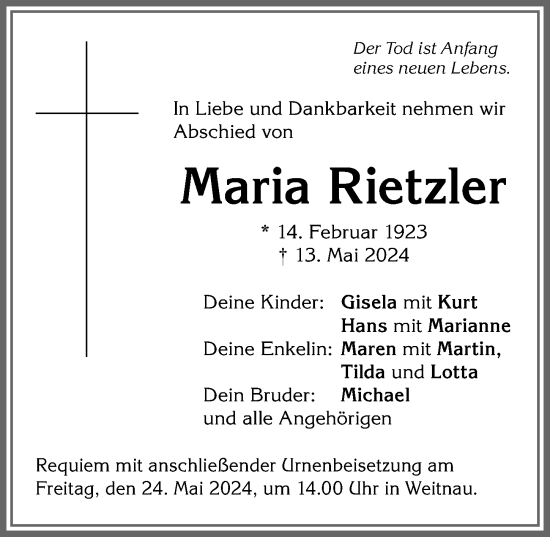 Traueranzeige von Maria Rietzler von Allgäuer Zeitung,Kempten