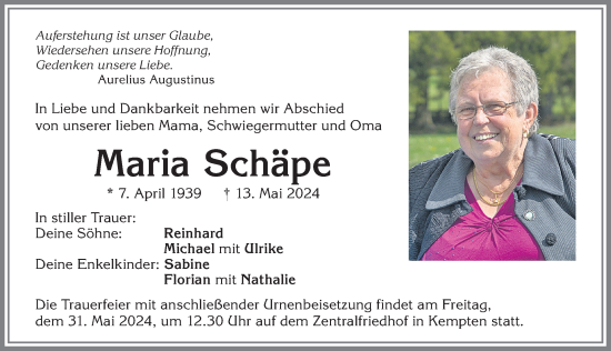Traueranzeige von Maria Schäpe von Allgäuer Zeitung,Kempten