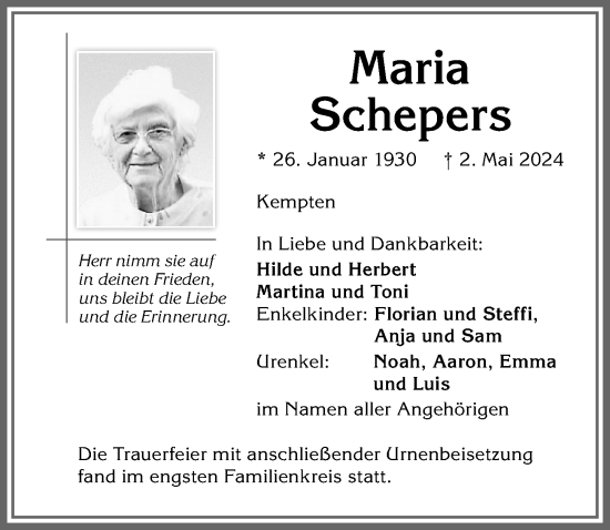 Traueranzeige von Maria Schepers von Allgäuer Zeitung,Kempten