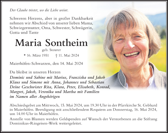 Traueranzeige von Maria Sontheim von Der Westallgäuer