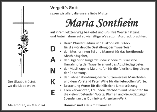 Traueranzeige von Maria Sontheim von Der Westallgäuer