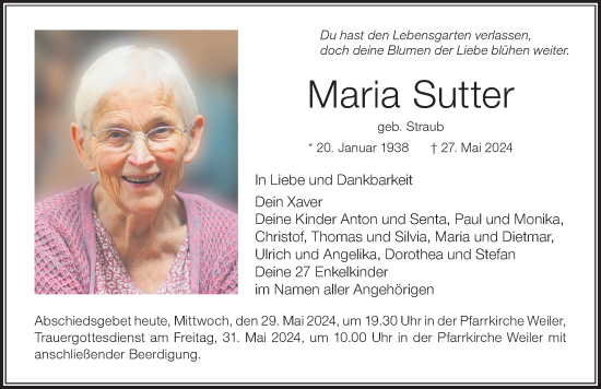 Traueranzeige von Maria Sutter von Der Westallgäuer