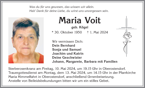 Traueranzeige von Maria Voit von Allgäuer Zeitung, Kaufbeuren/Buchloe