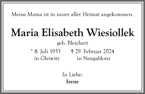 Traueranzeige von Maria Elisabeth Wiesiollek von Allgäuer Zeitung, Kaufbeuren/Buchloe