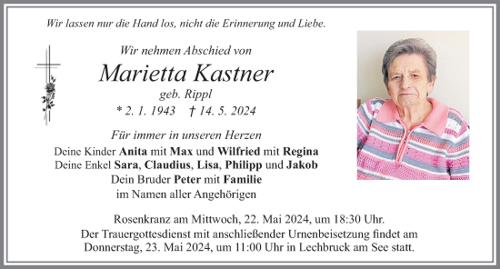 Traueranzeige von Marietta Kastner von Allgäuer Zeitung, Füssen