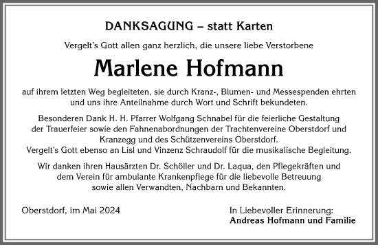 Traueranzeige von Marlene Hofmann von Allgäuer Anzeigeblatt