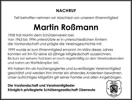 Traueranzeige von Martin Roßmann von Der Westallgäuer