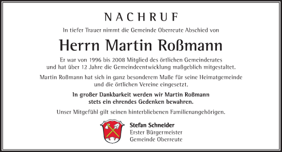 Traueranzeige von Martin Roßmann von Der Westallgäuer