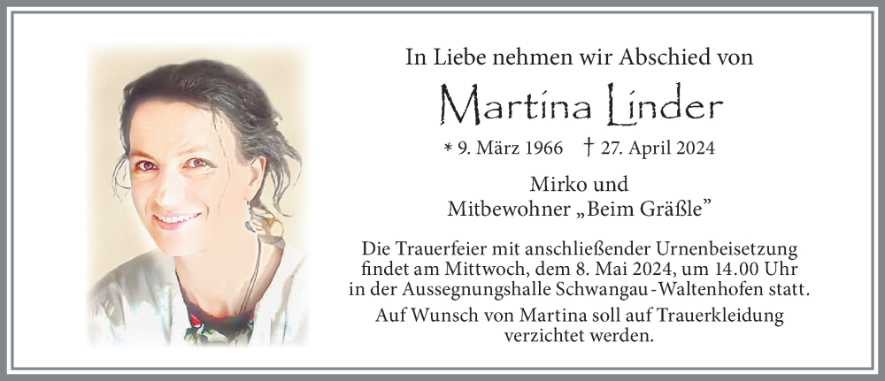  Traueranzeige für Martina Linder vom 04.05.2024 aus Allgäuer Zeitung, Füssen