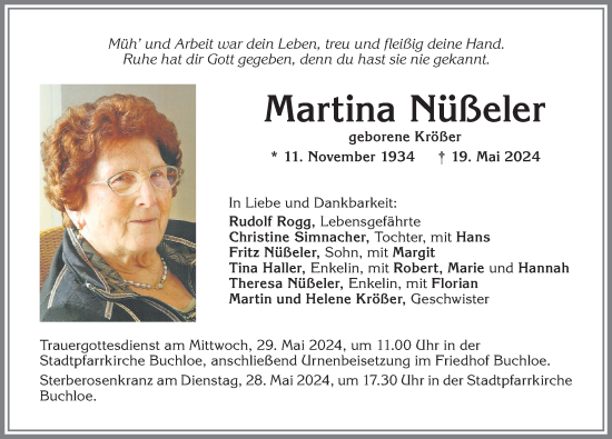 Traueranzeige von Martina NÜßeler von Allgäuer Zeitung, Kaufbeuren/Buchloe