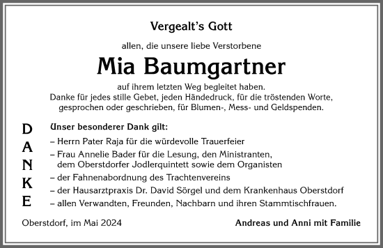 Traueranzeige von Mia Baumgartner von Allgäuer Anzeigeblatt