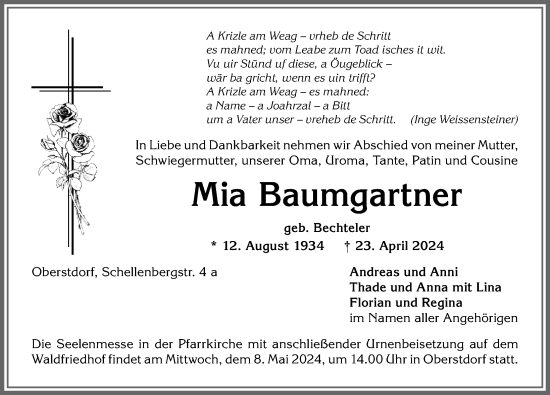 Traueranzeige von Mia Baumgartner von Allgäuer Anzeigeblatt