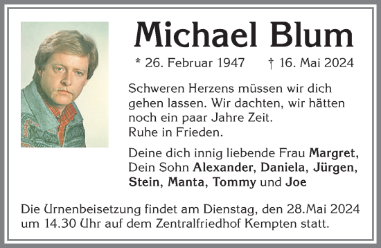 Traueranzeige von Michael Blum von Allgäuer Zeitung,Kempten