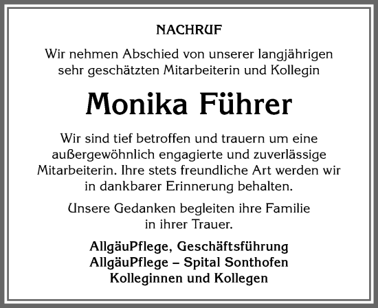 Traueranzeige von Monika Führer von Allgäuer Anzeigeblatt