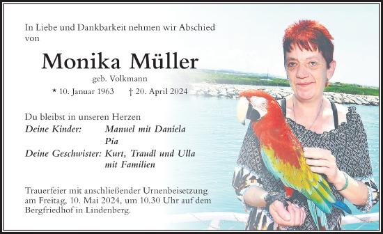 Traueranzeige von Monika Müller von Der Westallgäuer