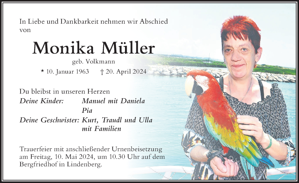  Traueranzeige für Monika Müller vom 06.05.2024 aus Der Westallgäuer