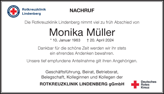 Traueranzeige von Monika Müller von Der Westallgäuer