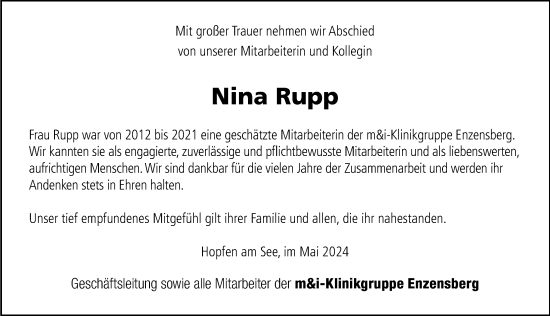 Traueranzeige von Nina Rupp von Allgäuer Zeitung, Marktoberdorf