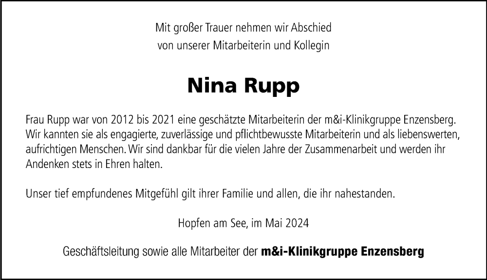  Traueranzeige für Nina Rupp vom 04.05.2024 aus Allgäuer Zeitung, Marktoberdorf