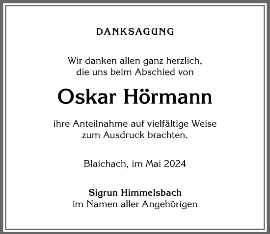 Traueranzeige von Oskar Hörmann von Allgäuer Anzeigeblatt