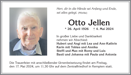 Traueranzeige von Otto Jellen von Allgäuer Anzeigeblatt