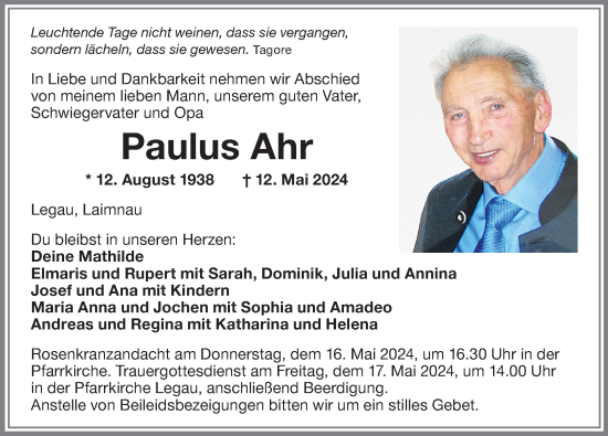 Traueranzeige von Paulus Ahr von Memminger Zeitung