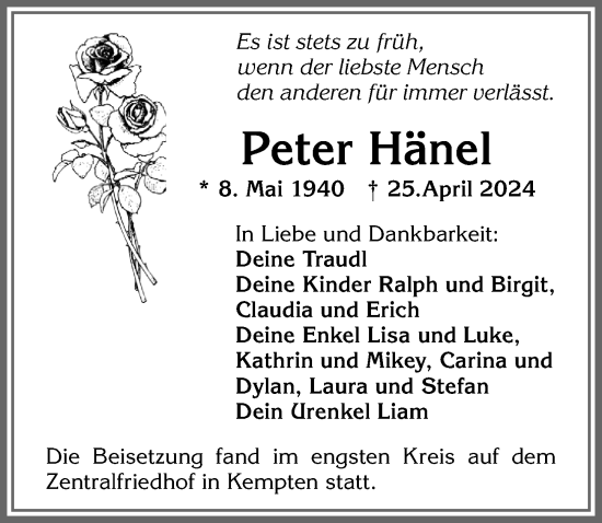 Traueranzeige von Peter Hänel von Allgäuer Zeitung,Kempten