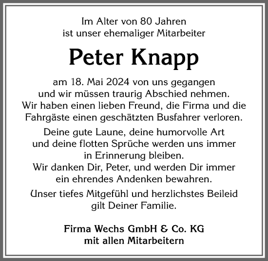 Traueranzeige von Peter Knapp von Allgäuer Anzeigeblatt