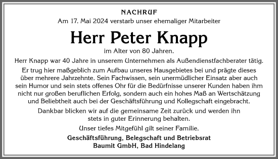 Traueranzeige von Peter Knapp von Allgäuer Anzeigeblatt