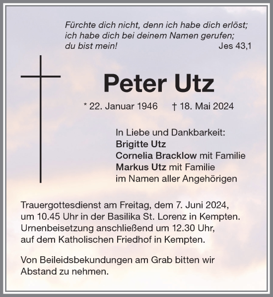 Traueranzeige von Peter Utz von Allgäuer Zeitung,Kempten