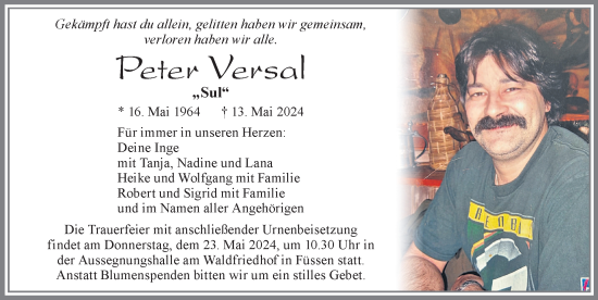 Traueranzeige von Peter Versal von Allgäuer Zeitung, Füssen