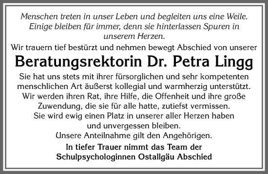 Traueranzeige von Petra Lingg von Allgäuer Zeitung, Marktoberdorf