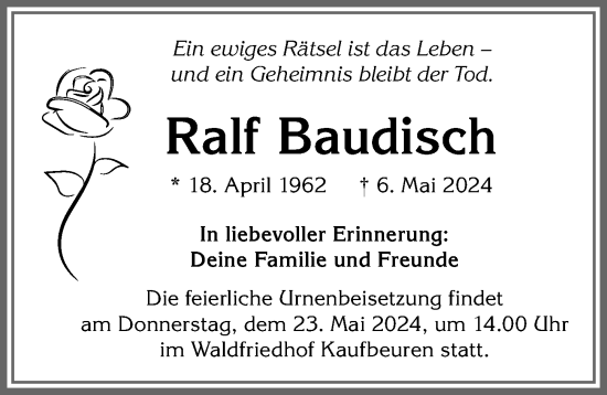 Traueranzeige von Ralf Baudisch von Allgäuer Zeitung, Kaufbeuren/Buchloe