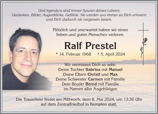 Traueranzeige von Ralf Prestel von Allgäuer Zeitung,Kempten