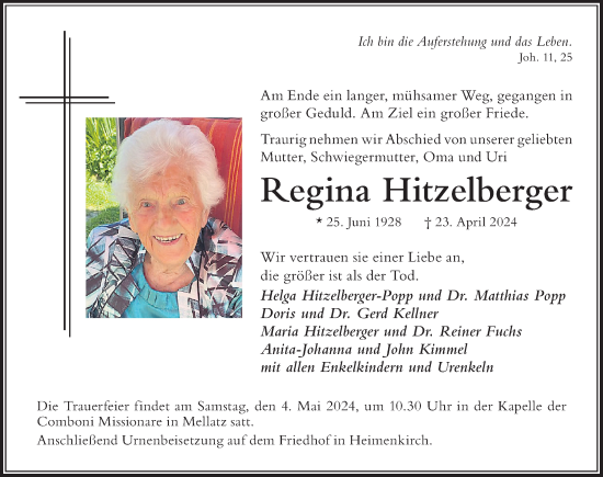 Traueranzeige von Regina Hitzelberger von Der Westallgäuer