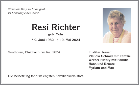 Traueranzeige von Resi Richter von Allgäuer Anzeigeblatt