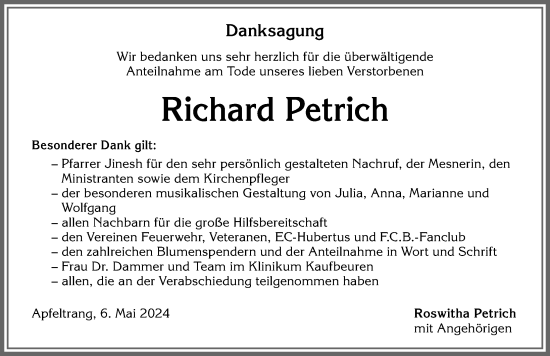 Traueranzeige von Richard Petrich von Allgäuer Zeitung, Marktoberdorf