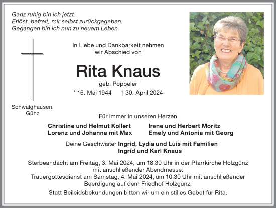 Traueranzeige von Rita Knaus von Memminger Zeitung