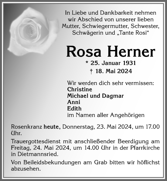 Traueranzeige von Rosa Herner von Allgäuer Zeitung,Kempten