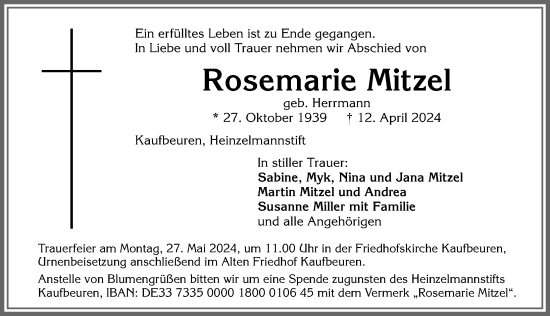 Traueranzeige von Rosemarie Mitzel von Allgäuer Zeitung, Kaufbeuren/Buchloe