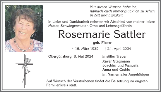 Traueranzeige von Rosemarie Sattler von Allgäuer Zeitung, Marktoberdorf