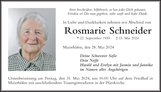 Traueranzeige von Rosmarie Schneider von Der Westallgäuer