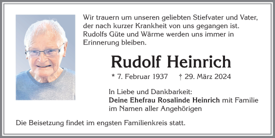 Traueranzeige von Rudolf Heinrich von Allgäuer Zeitung, Kaufbeuren/Buchloe