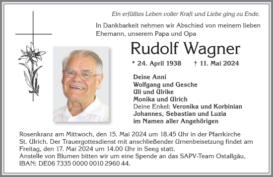 Traueranzeige von Rudolf Wagner von Allgäuer Zeitung, Füssen