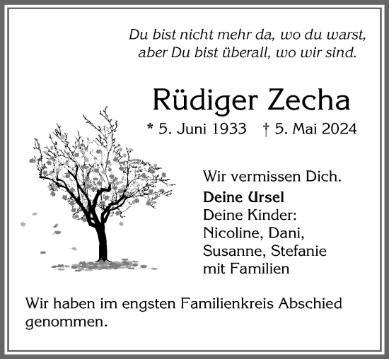 Traueranzeige von Rüdiger Zecha von Allgäuer Zeitung,Kempten