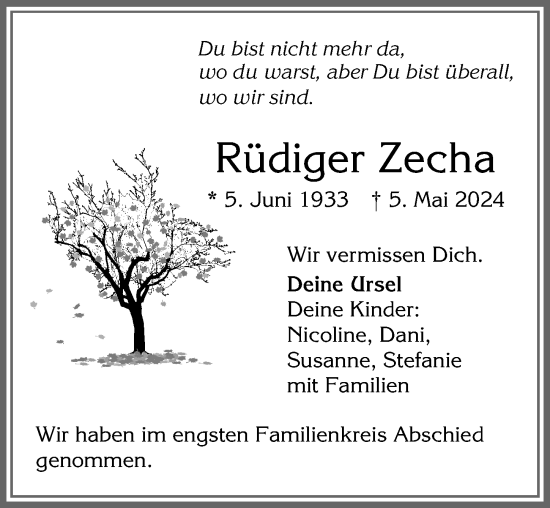 Traueranzeige von Rüdiger Zecha von Allgäuer Zeitung, Füssen