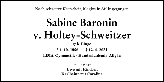 Traueranzeige von Sabine Baronin v.Holty-Schweitzer von Memminger Zeitung